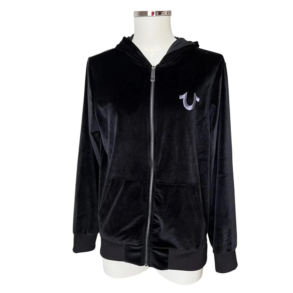 True Religion Mens Black Velour Zip Up Hoodie Horseshoe Velvet Logo‎ Black NWOT